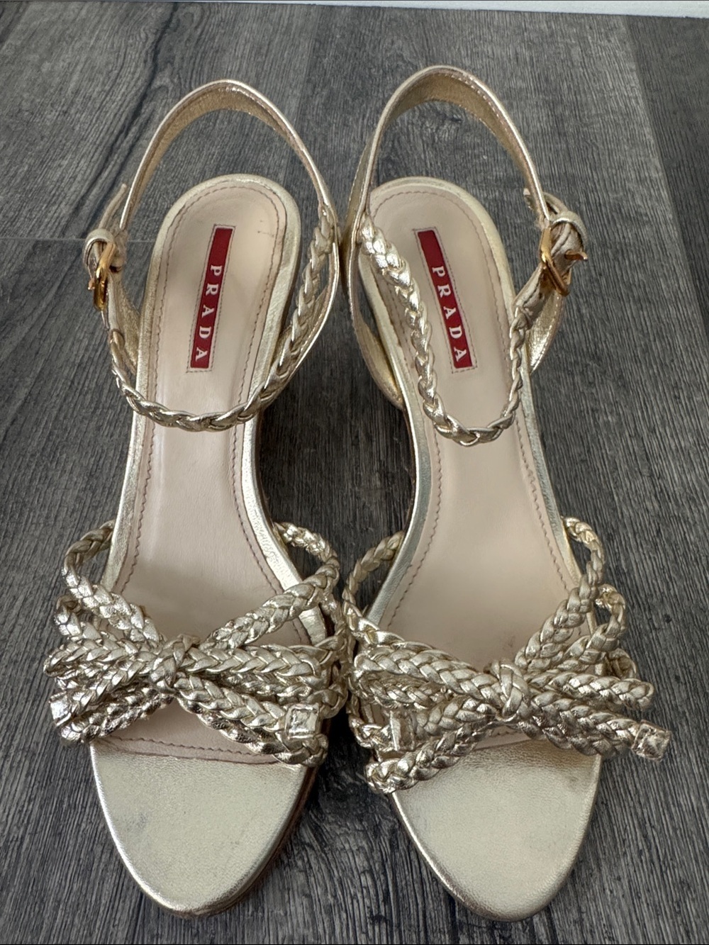 Prada Gold Braided Leather Wedge Espadrille Sandals Size 36 COA included
